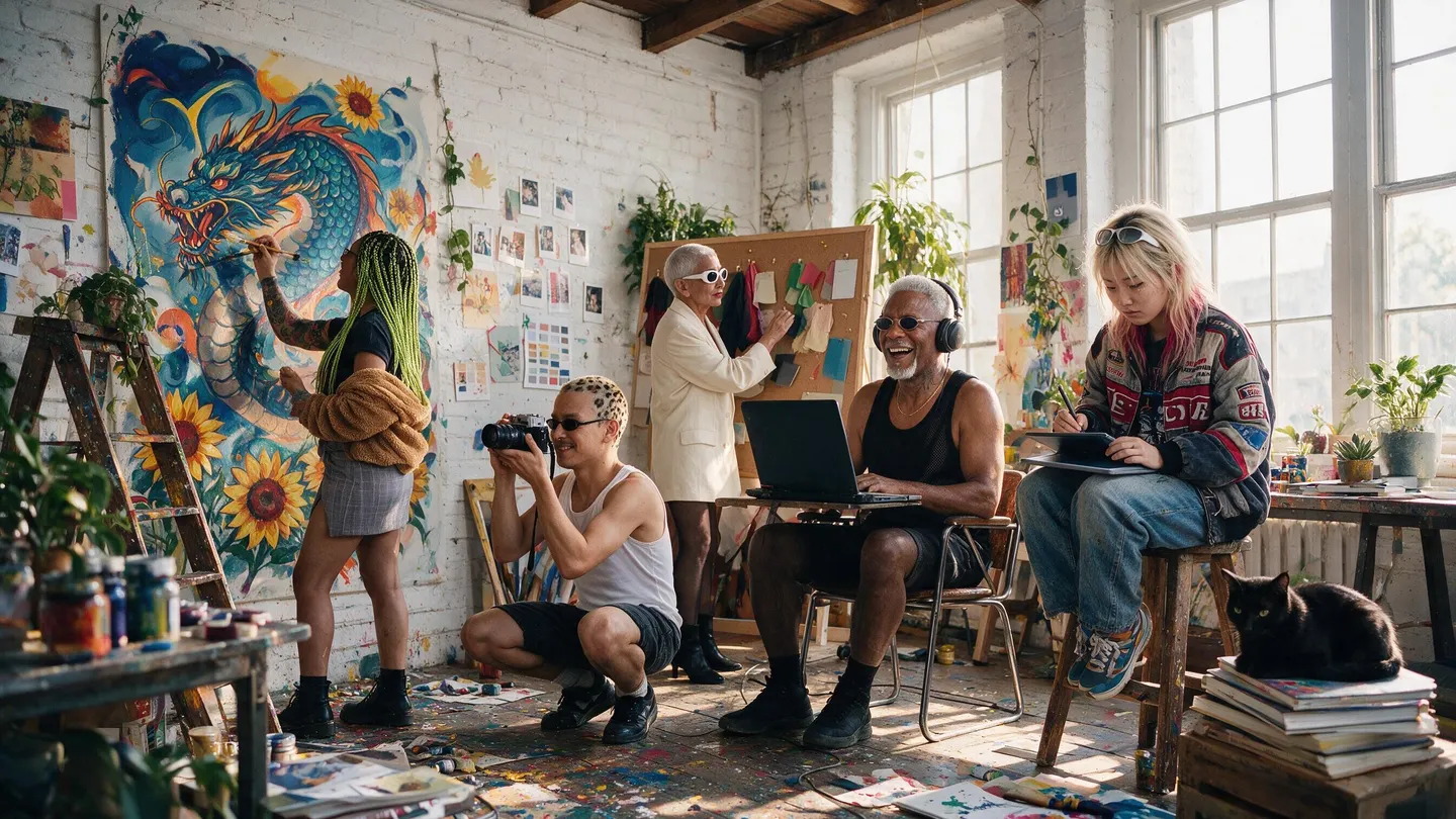 The Mage cast at work in a sunlit studio: painting a mural, filming, pinning a moodboard, and sketching