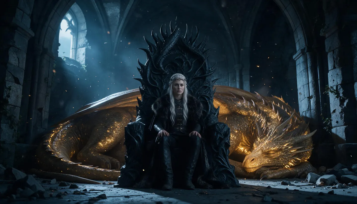A silver-haired queen on an obsidian throne, a sleeping dragon of molten gold behind her