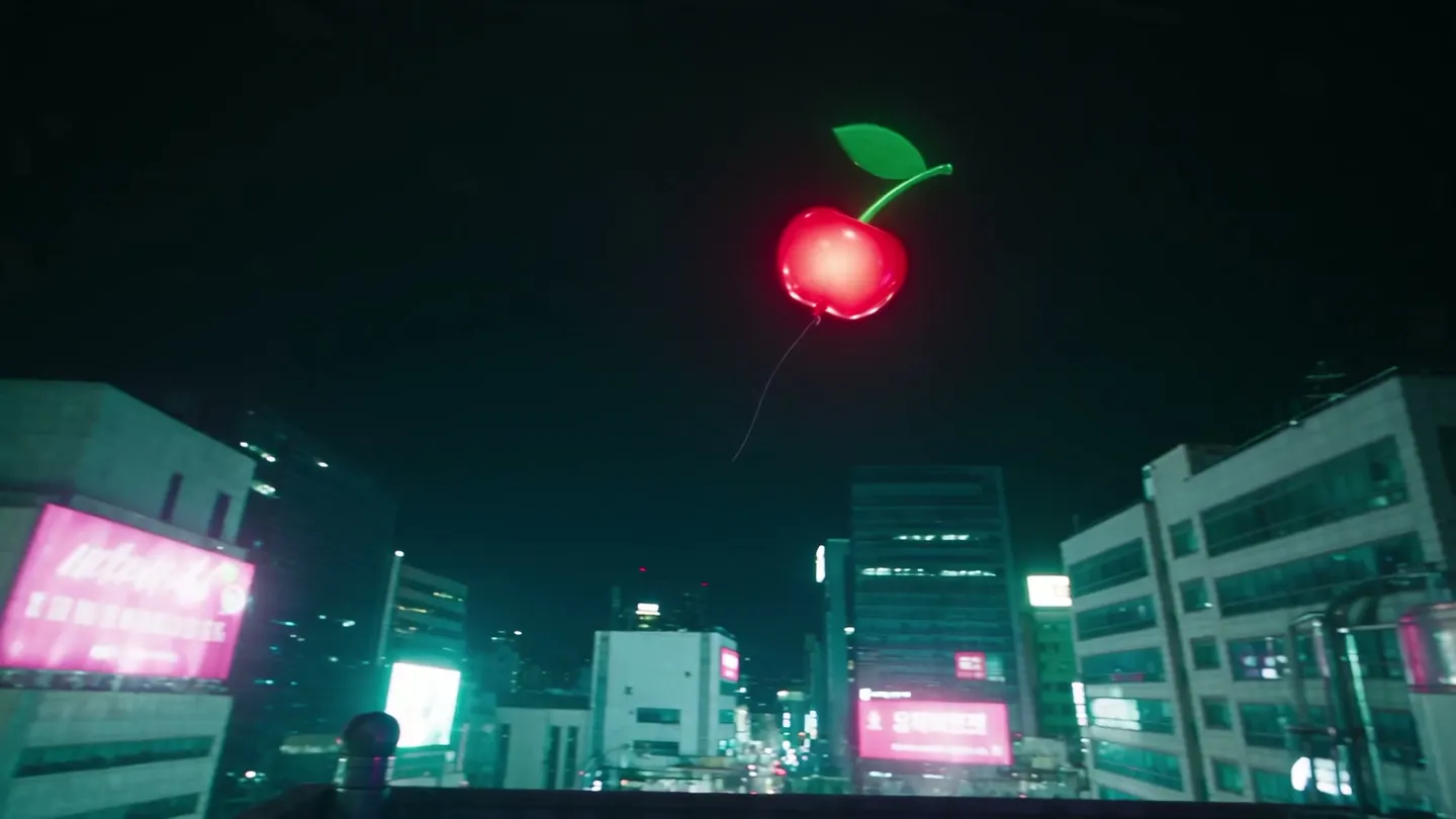 Three friends and a black cat chase a glowing balloon across neon rooftops, in several shots