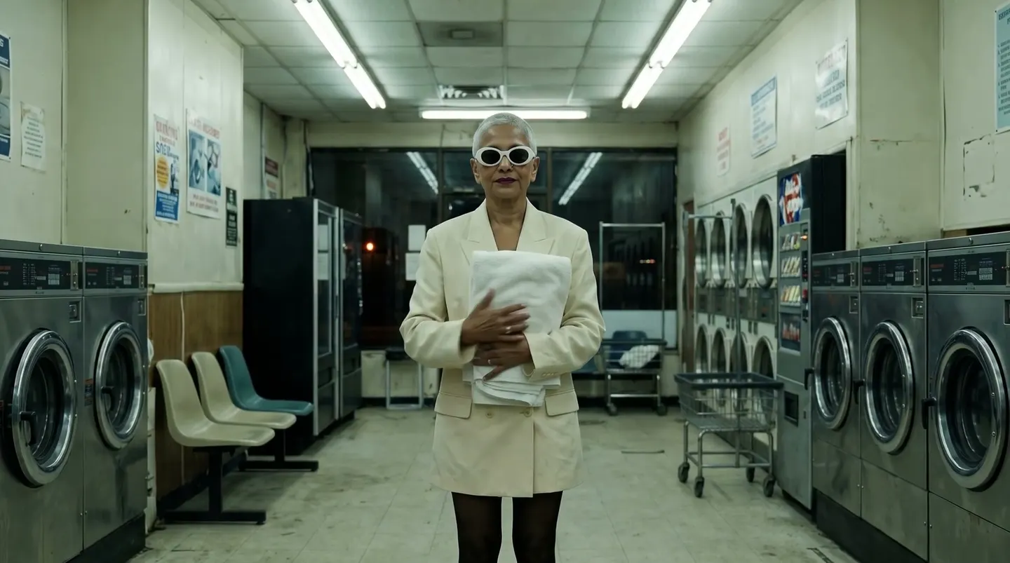 A laundromat flips into a mirrored ballroom as a woman spins, between two frames