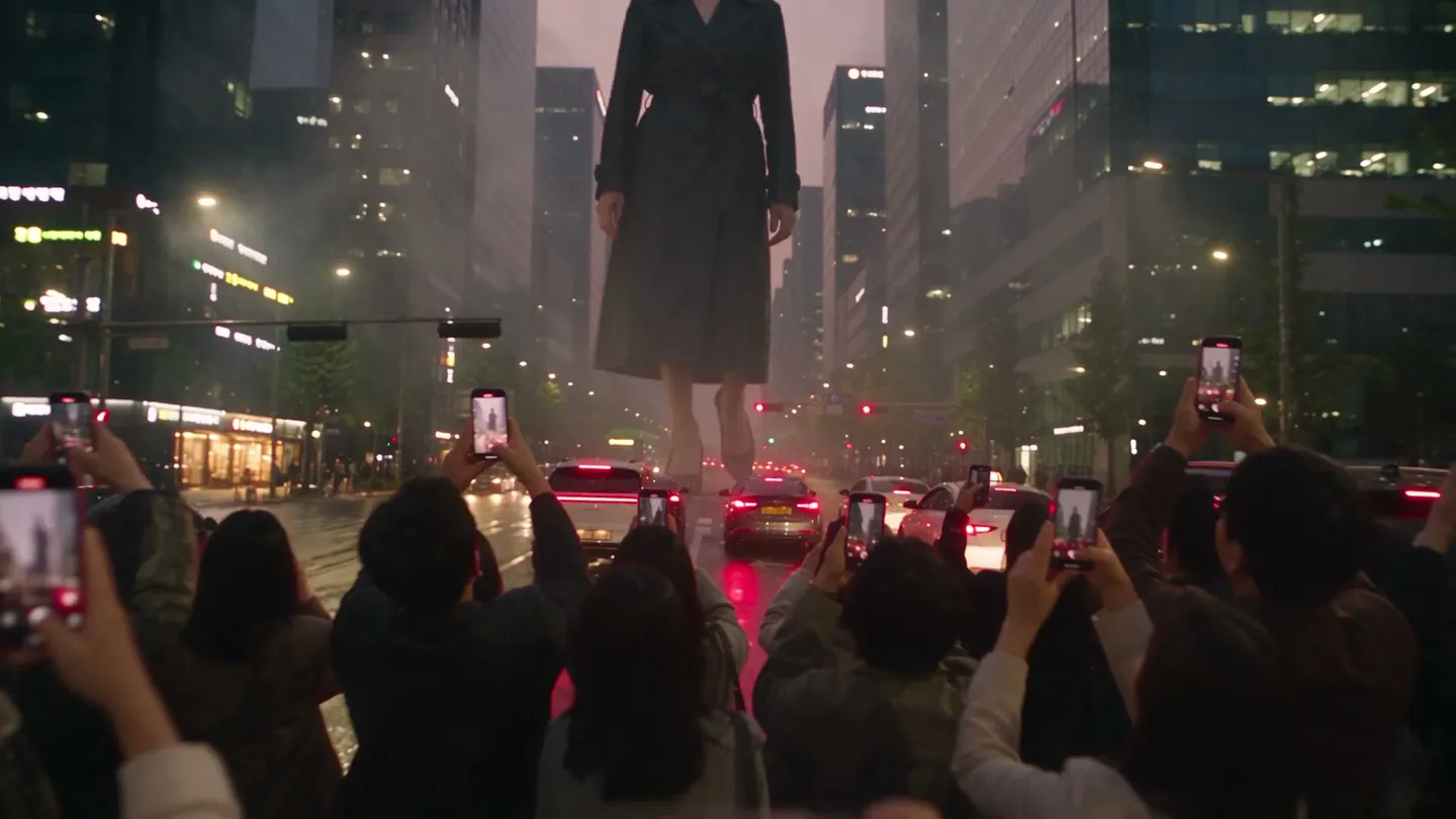 Phone footage of a giant woman stepping over city traffic and checking her watch