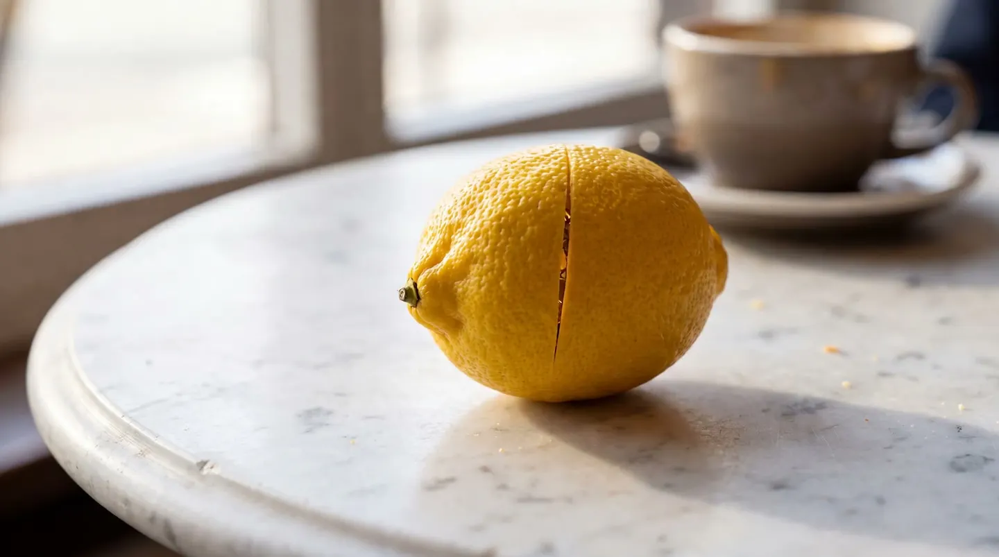 A lemon on a marble table opens onto a tiny golden city, between a first and a last frame