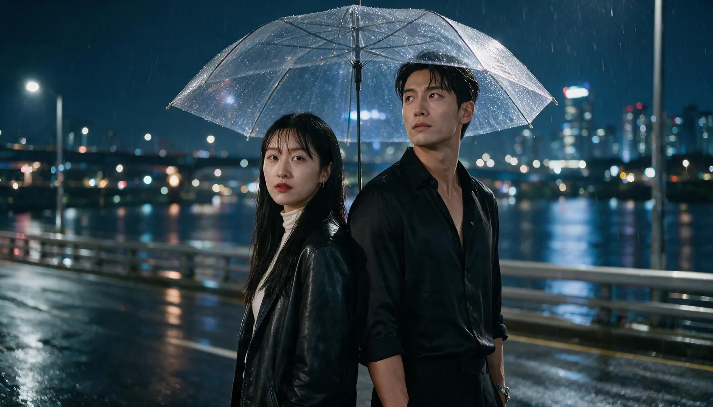 K-drama key art: two members of the Mage cast under one umbrella on a rainy bridge at night