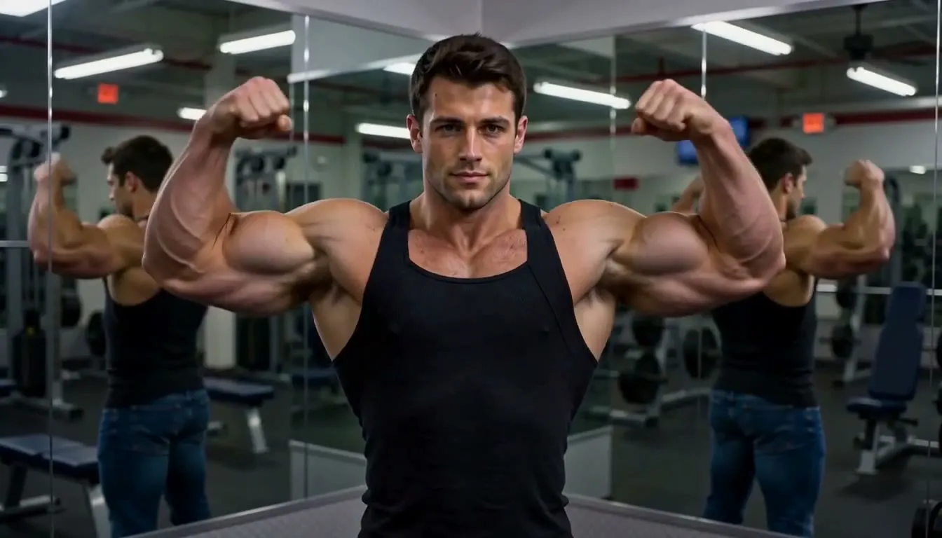 A man flexes in a gym mirror as his tank top melts into chrome knight armor