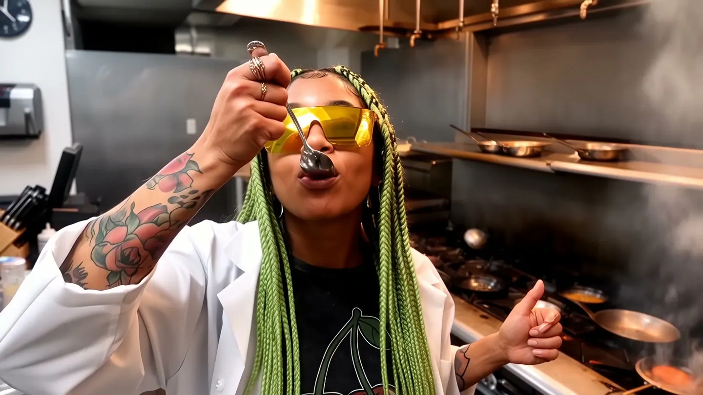 A member of the Mage cast tastes a sauce in a busy kitchen and gives a thumbs up
