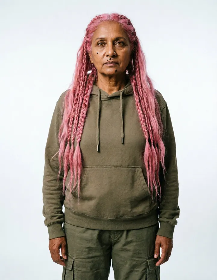 An elderly woman with long pink braids in relaxed streetwear.