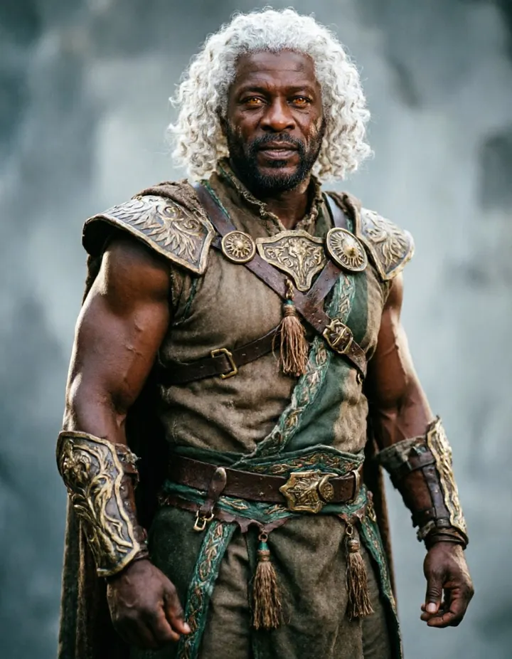 A muscular, white-haired warrior in an embroidered fantasy costume.