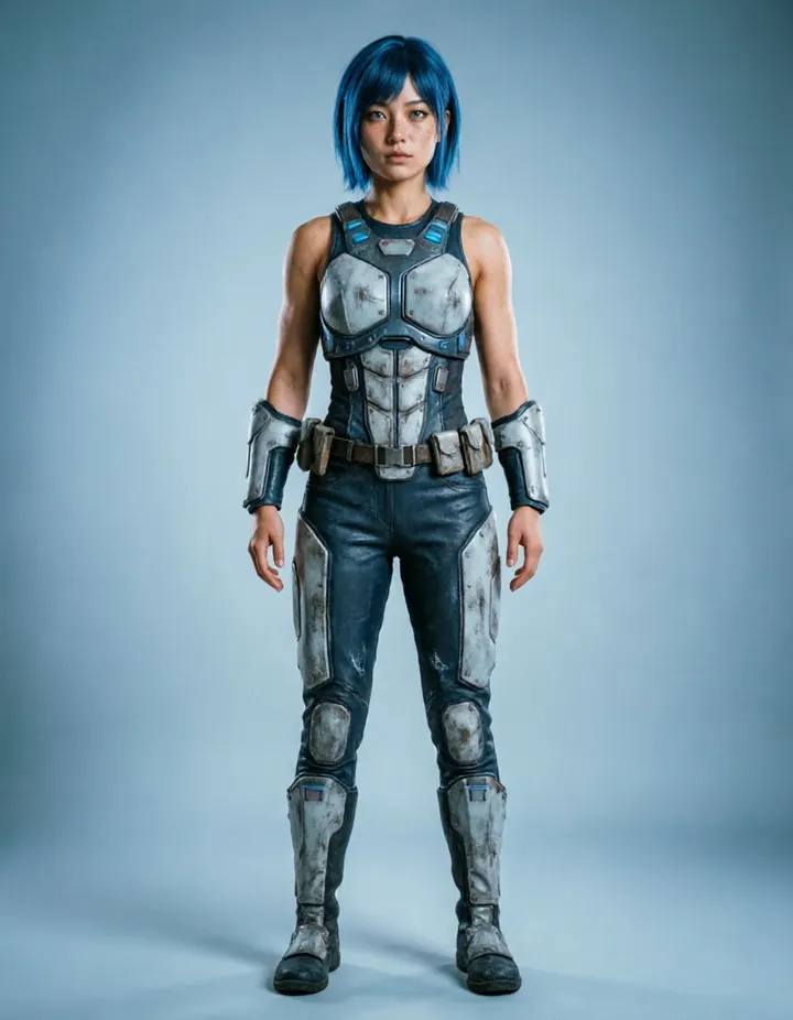 A blue-haired young woman in sci-fi body armor.