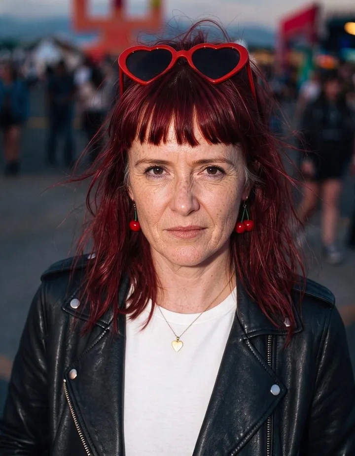 The Mature face preset ages a festival-goer by twenty years while her look stays put.