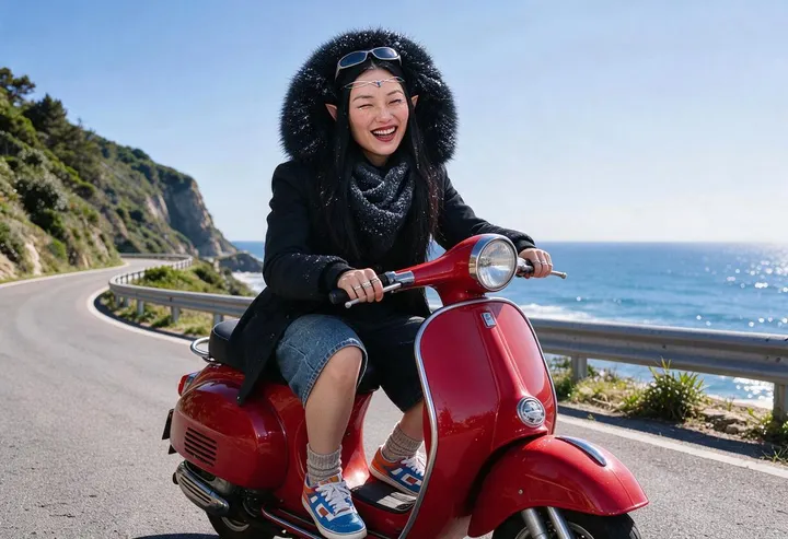 A fur-hooded frost queen takes a red scooter down a sunny coast road.