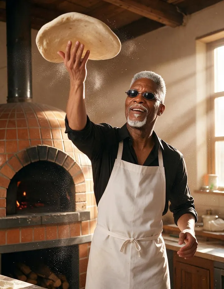 A silver-haired grandpa steps in as the pizza chef tossing dough.