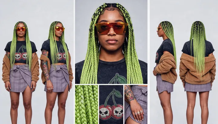 One street photo becomes a full turnaround sheet with braid, tee and tattoo details.