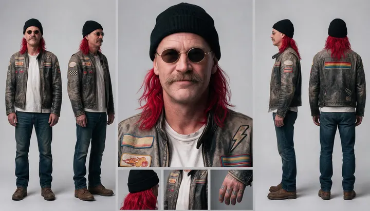 A biker’s portrait becomes front, side and back views plus patch close-ups.