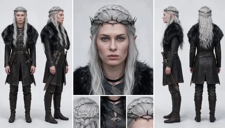 An elf queen gets a head-to-toe reference sheet with crown and braid details.
