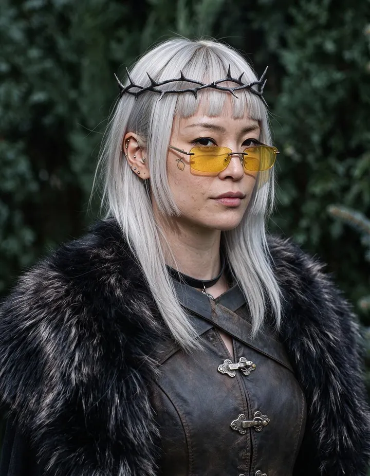 An elf queen in a thorn crown swaps to a platinum-haired woman in yellow glasses.