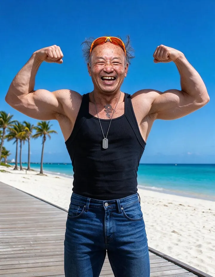 A cackling uncle lands on a bodybuilder flexing on the beach.