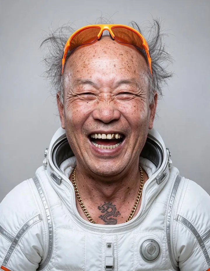 Gülen bir amca, beyaz bir astronot kıyafetini giyiyor.