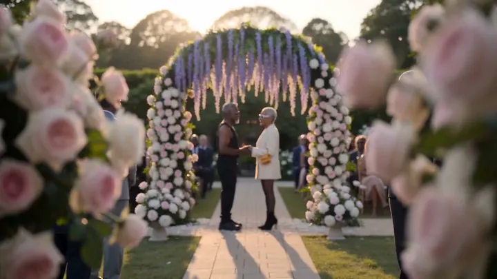 Two photos become a sunlit garden wedding told in four shots.
