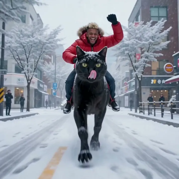 A summer street ride on a giant cat turns into a snowy winter day from one sentence.